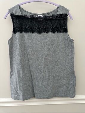 CAbi Gray Sleeveless Top with Black Lace Yoke Medium Med M